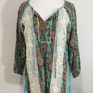 Intro Womens Shirt Size Small Boho Tunic Green Medallion Print Crochet Details